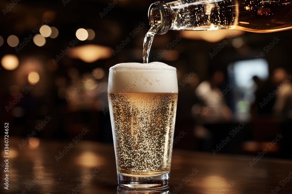 Poster a refreshing beer being poured into a glass with a frothy white head, capturing the effervescence an