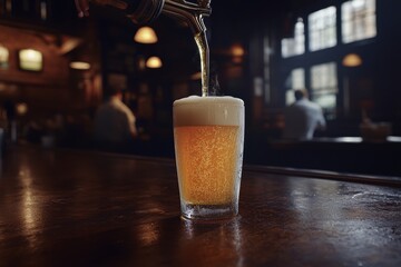 A refreshing glass of beer being poured at a bar, creating a delightful foam, enhancing the inviting and warm atmosphere of the traditional establishment.