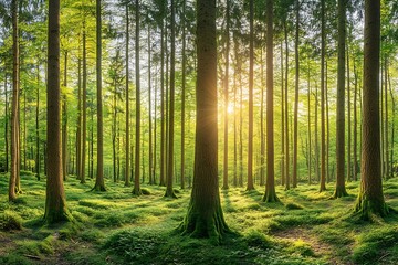 Tall evergreen trees in a sunny forest with green undergrowth
