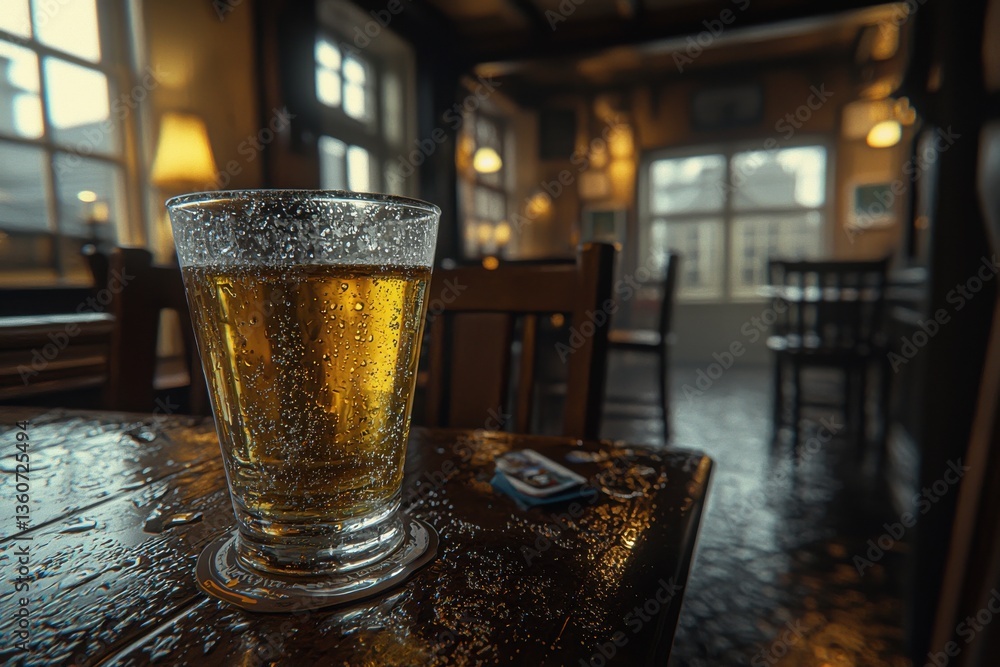 Poster refreshing beer with condensation on a pub table, creating an inviting atmosphere for a relaxed even