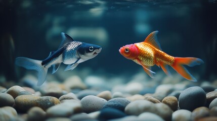 Naklejka premium Colorful koi and goldfish swimming in pebble-lined aquarium