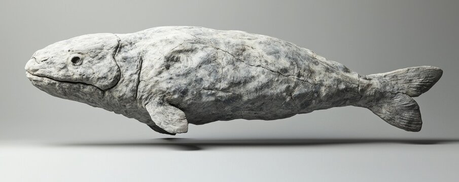 A prehistoric fish replica in sculptural form.