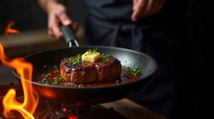 Juicy filet mignon steak cooked in a skillet