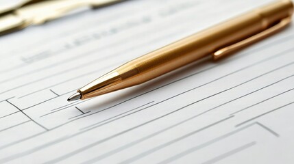 Close-up of gold ballpoint pen on document with lines for writing