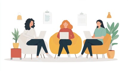 Diverse young women collaborating with laptops in modern office setting