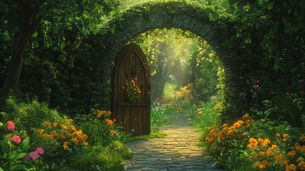 Obraz premium Enchanted green country scenery features magical arched gateway. Vegetation frames pathway leading to wonderland. Vibrant flowers bloom in magical garden. Wooden door welcomes. Dreamlike atmosphere
