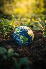 Planet earth with lush green plants. Earth day theme.