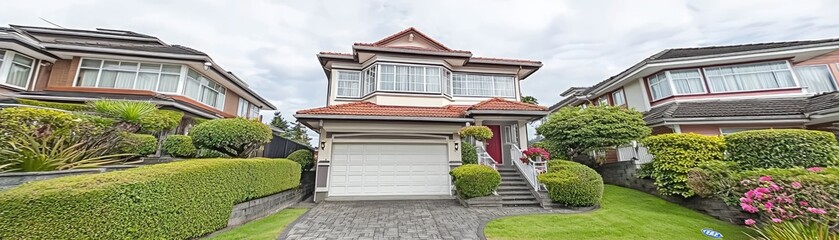 Obraz premium Suburban home with landscaped yard. Other houses and overcast sky are in the background