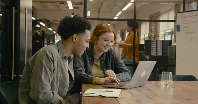 Two Young Adult Business People Meeting in Office, using Laptop in meeting room