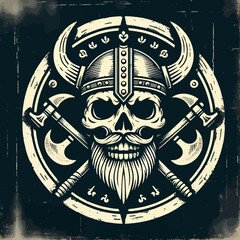 A vector illustration of a vintage Viking emblem with a colorful skull in tattoo style, featuring a grunge texture. This EPS10 logo is perfect for use in clothing design, print materials, or tattoos w