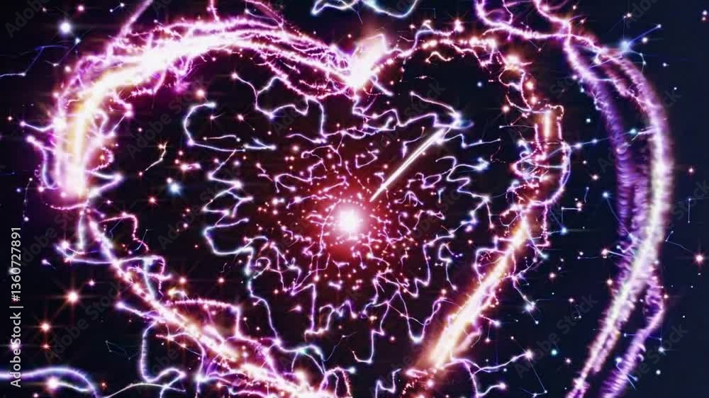 Poster dynamic neon pulsing heart shape animation with glittering starburst effects