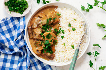 Beef Stroganoff with rice..Traditional Russian dish
