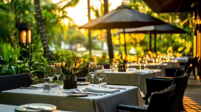 Elegant outdoor dining experience with lush greenery and sunset lighting, creating a warm and inviting atmosphere for guests.