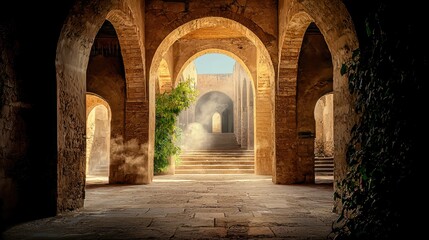 Fototapeta premium Cloudy beige mist enveloping ancient archways, creating a surreal and ethereal atmosphere.