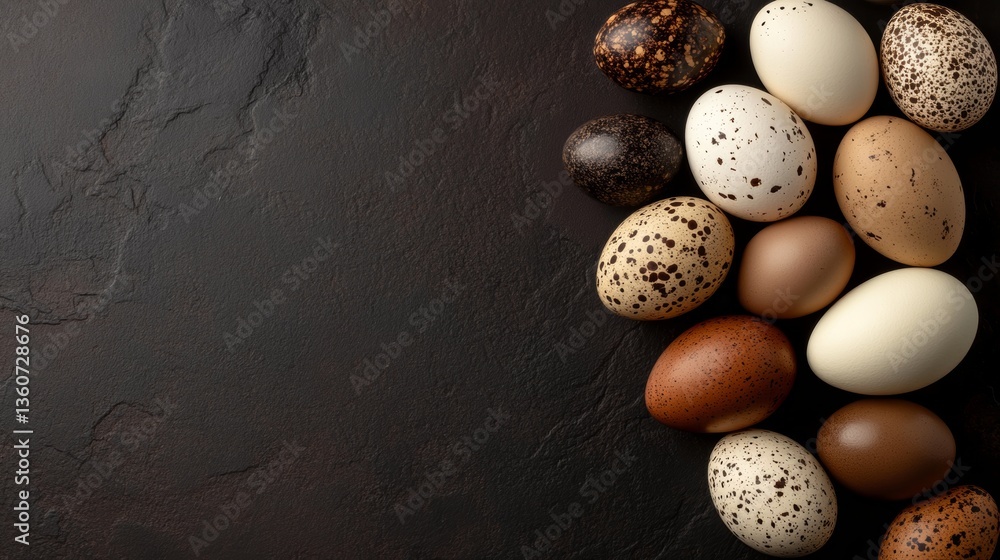 Poster assorted farm eggs arranged on a dark stone surface showcasing different colors and patterns, ideal 