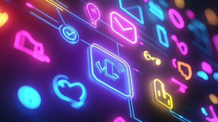 Neon digital network, data flow, communication, background