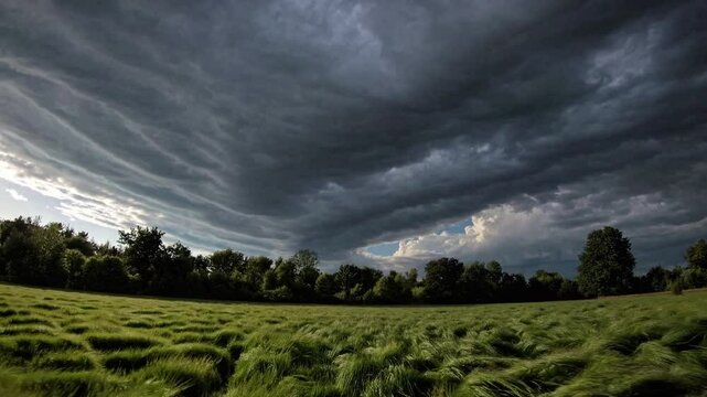 Dramatic storm clouds rolling over lush green field with trees on horizon