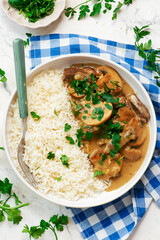 Beef Stroganoff with rice..Traditional Russian dish