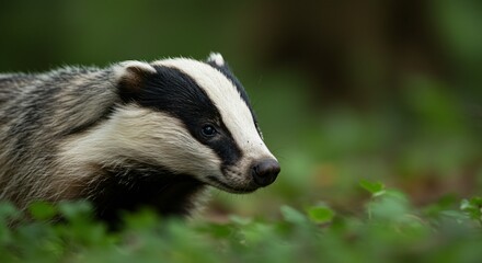A badger looks alert in a natural forest environment