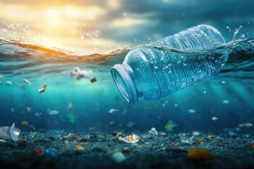 Plastic Bottle Floating in Ocean Pollution Problem with Other Trash