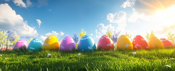 Easter eggs of various colors are placed on green grass among spring flowers