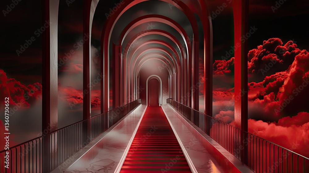 Poster deep red smoky clouds twisting through futuristic architecture, a mix of urban style and fantasy.