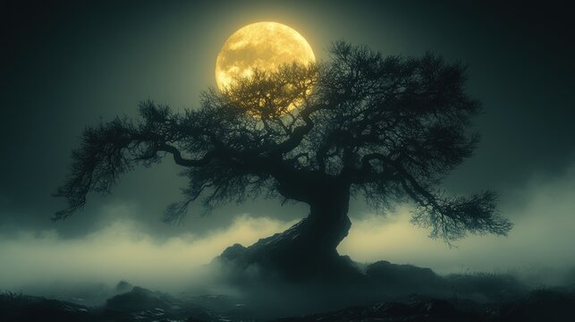 Lone tree silhouetted against a large, yellow moon in a foggy, dark night.