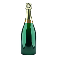 Glossy emerald green champagne bottle with gold foil neck front view mockup, elegant sparkling wine packaging design for holiday, wedding, or luxury celebration on transparent background