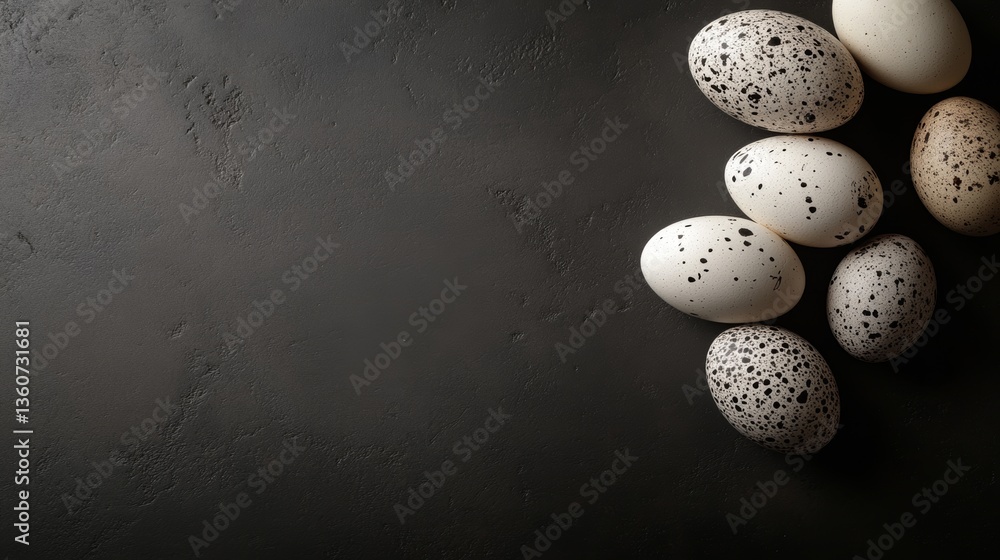 Poster various speckled eggs arranged on a dark surface create a striking visual display for an artistic st