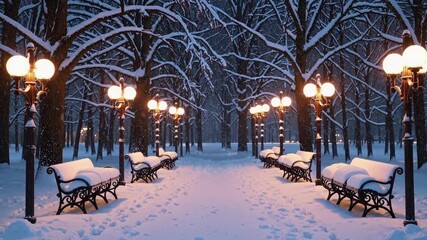 Winter wonderland: snowy park path with glowing lanterns at dusk - Powered by Adobe