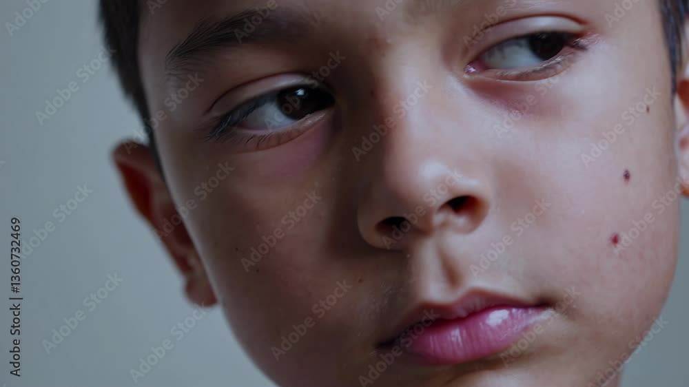Poster Close-up video still of a child's face, capturing a contemplative expression. The camera angle is slightly tilted, emphasizing emotion and introspection.