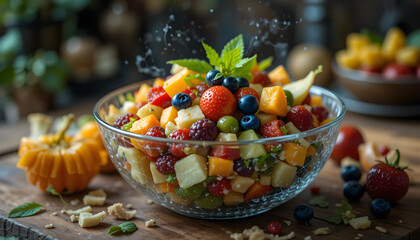 Advanced food technology meets nature in this image where a rainbow fruit salad is being analyzed by kitchen AI for perfect ripeness and nutritional balance.
