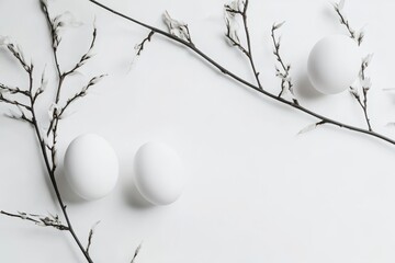 Easter is celebrated in a flat lay composition that includes a willow branch and eggs on white