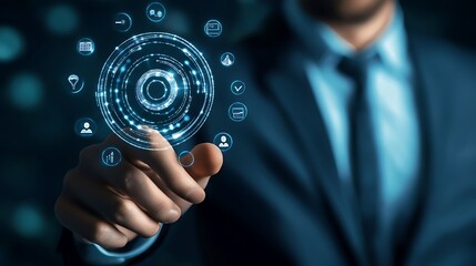 Businessman touching digital interface technology innovation connection network data future
