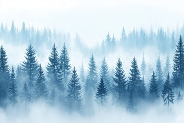 A misty forest landscape with tall evergreen trees depicted