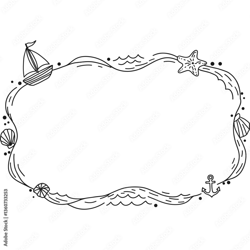 Poster nautical frame with boat starfish shell anchor and waves in line art style for decoration and design
