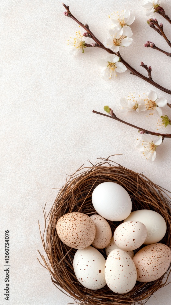 Poster nest with various eggs and blooming branches creates a serene spring atmosphere in a natural setting