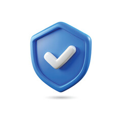 3D Blue Shield Icon with White Checkmark, Minimalist Security and Verification Symbol. Vector Illustration Design