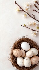 Nest with various eggs and blooming branches creates a serene spring atmosphere in a natural setting