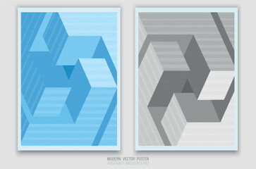 Abstract geometric illusion with impossible shapes. Cool blue-light blue palette and monochrome version create the effect of perspective and depth. Modern minimalist style. 