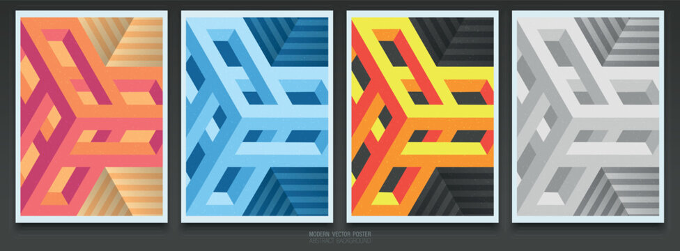 A series of posters with impossible geometry that creates the illusion of a 3D structure. Four color variations: warm, cold, contrast and monochrome. The graphic background emphasizes depth and perspe