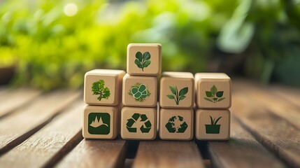 Eco friendly wooden blocks with green leaf recycle symbol sustainable environment nature conservation concept