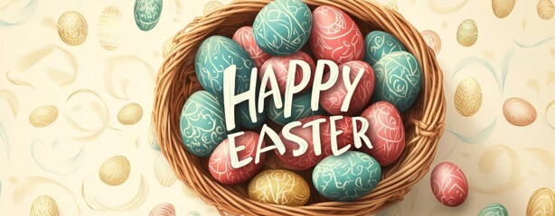 A modern background design for the Easter season, complete with a happy Easter greeting and 3D colorful eggs in a nest basket element