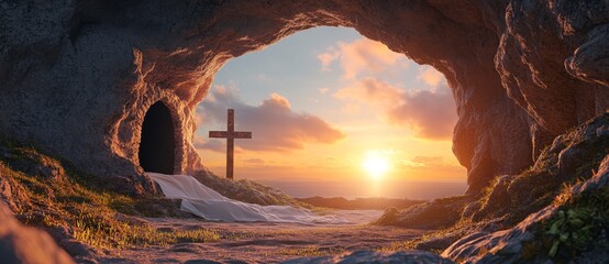 The symbolism of Easter, rooted in the Resurrection, is vividly captured by the empty tomb of Jesus, juxtaposed with crosses, embodying the transformative narrative of Crucifixion and ultimate