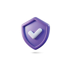 3D Purple Gradient Shield Icon with White Checkmark, Minimalist Security Symbol and Glossy Finish. Vector Illustration Design
