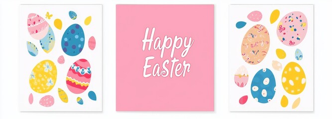 Fototapeta premium Design a flat-style postcard template with silhouettes of Easter eggs, a rabbit, and flowers, accompanied by a pastel-colored illustration of an Easter hare and eggs, and a text space, all in modern
