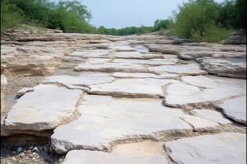 Dry riverbed paved with white rocks