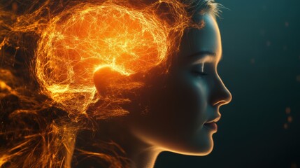 Brain Network Inside Female Head With Glowing Effect