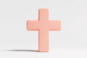 Obraz premium Simple, peach-colored cross on a plain white background. A 3D rendered, solid, textured cross, resembling a simple, geometric form, in a soft, light coral color against a plain white backdrop
