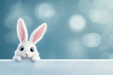 Fototapeta premium The image features a cute Easter rabbit poking out from a corner of green grass, positioned on a blue sky background with empty space available for text or product placement, capturing the essence of